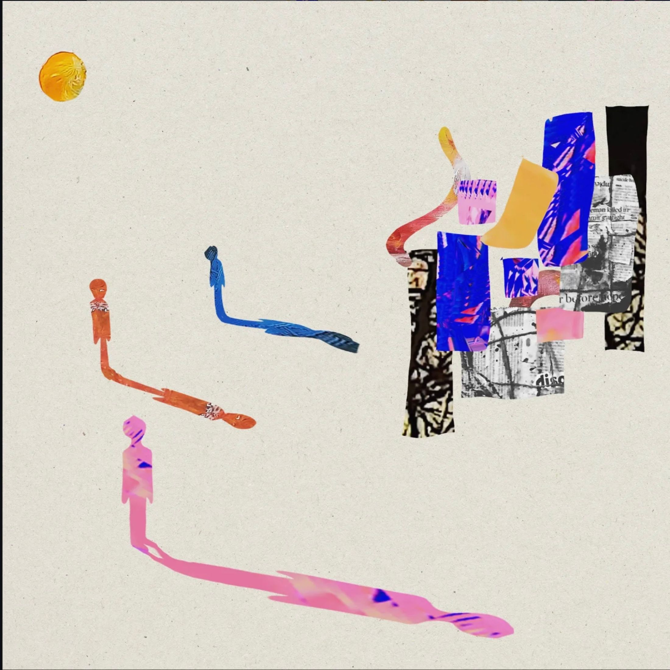 Three small figures with long coloured shadows face a fragmented structure in A Step Back.