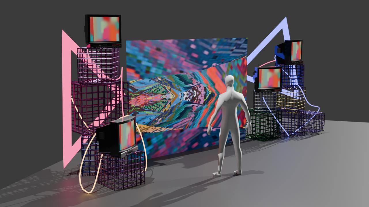 A digital concept rendering of CRT televisions, wire structures and a viewer within the proposed installation.