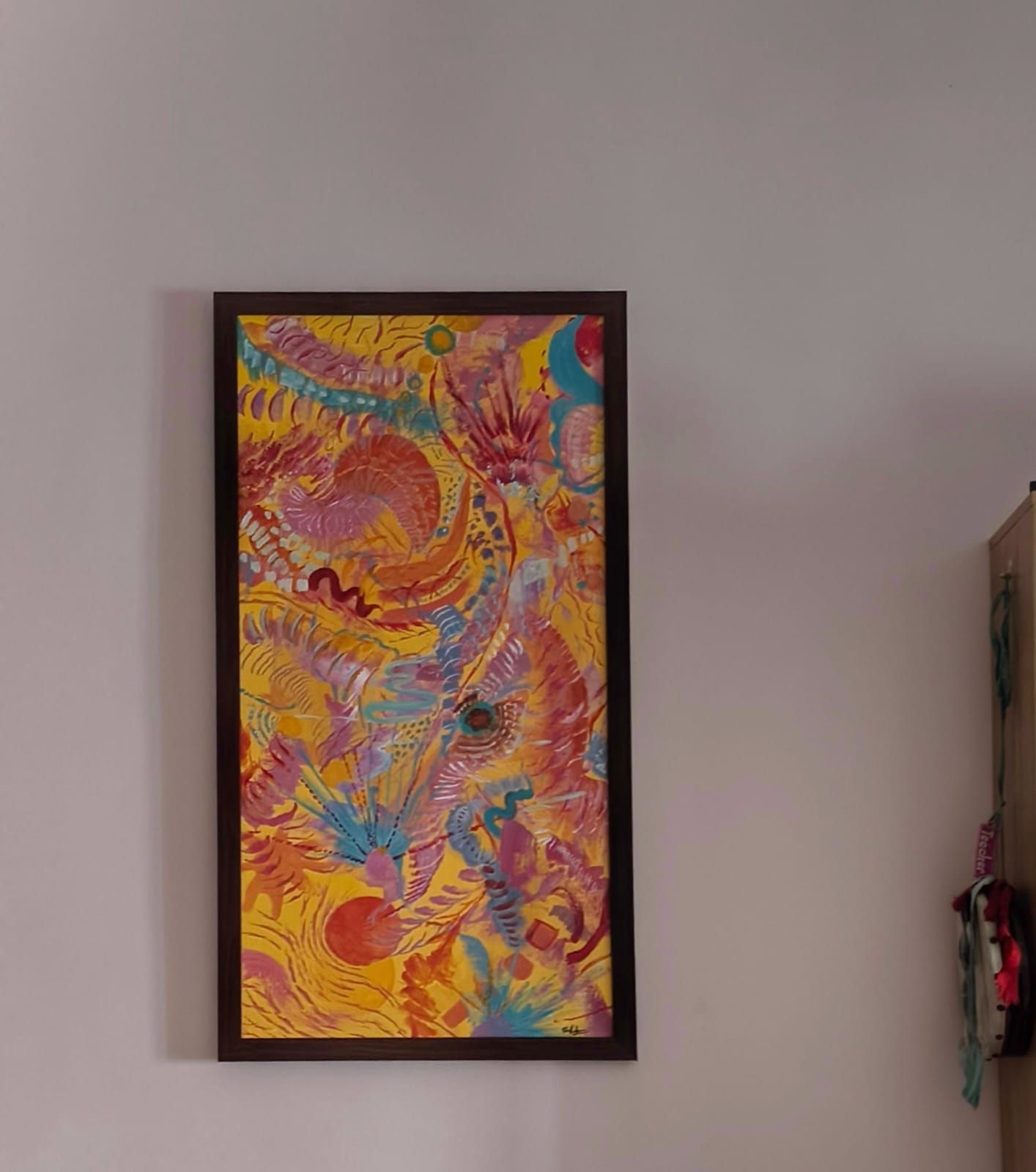 Close view of layered marks and colours in the Exotica painting.