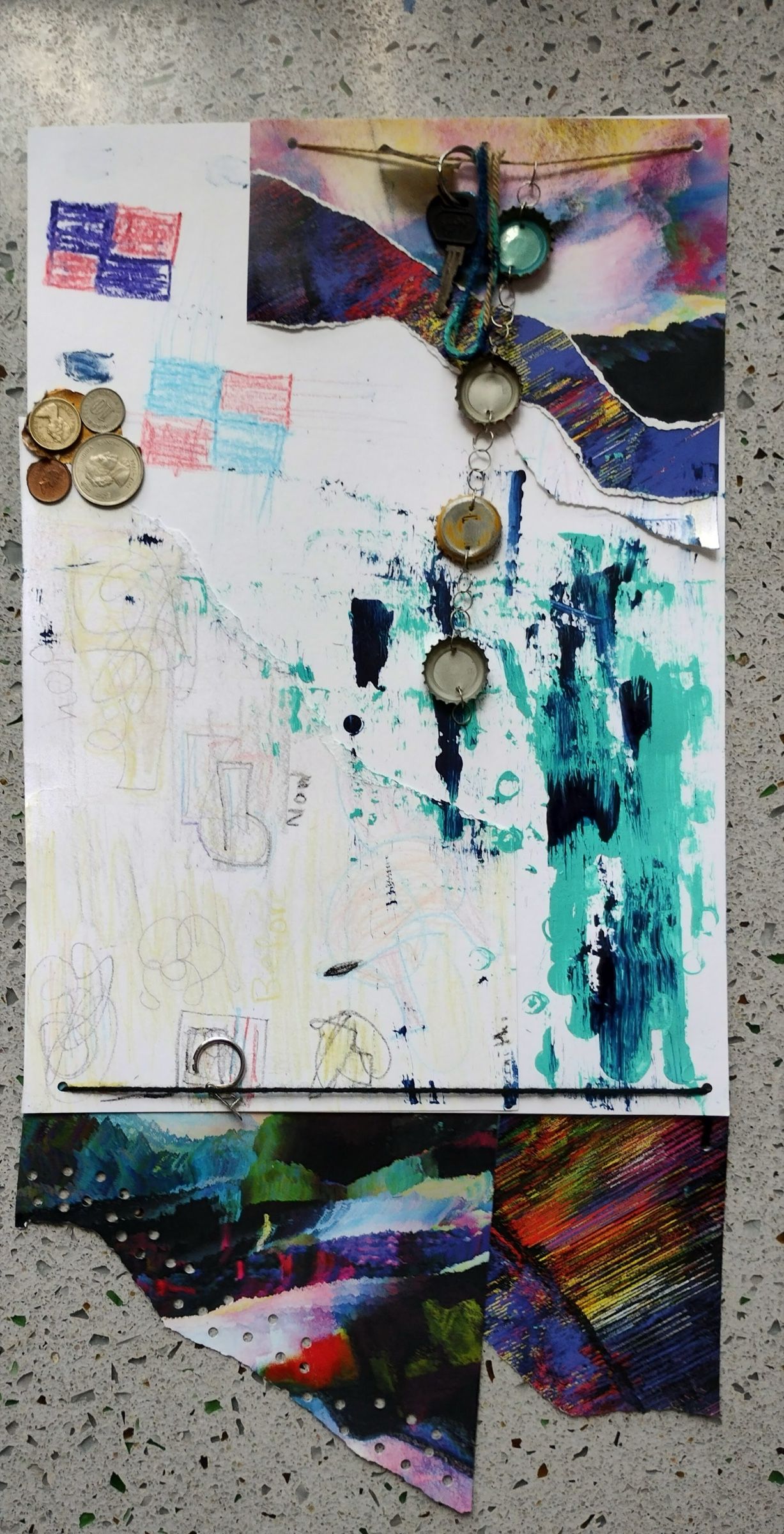 A vertical assemblage combining keys, bottle caps, coins, string and painted paper.