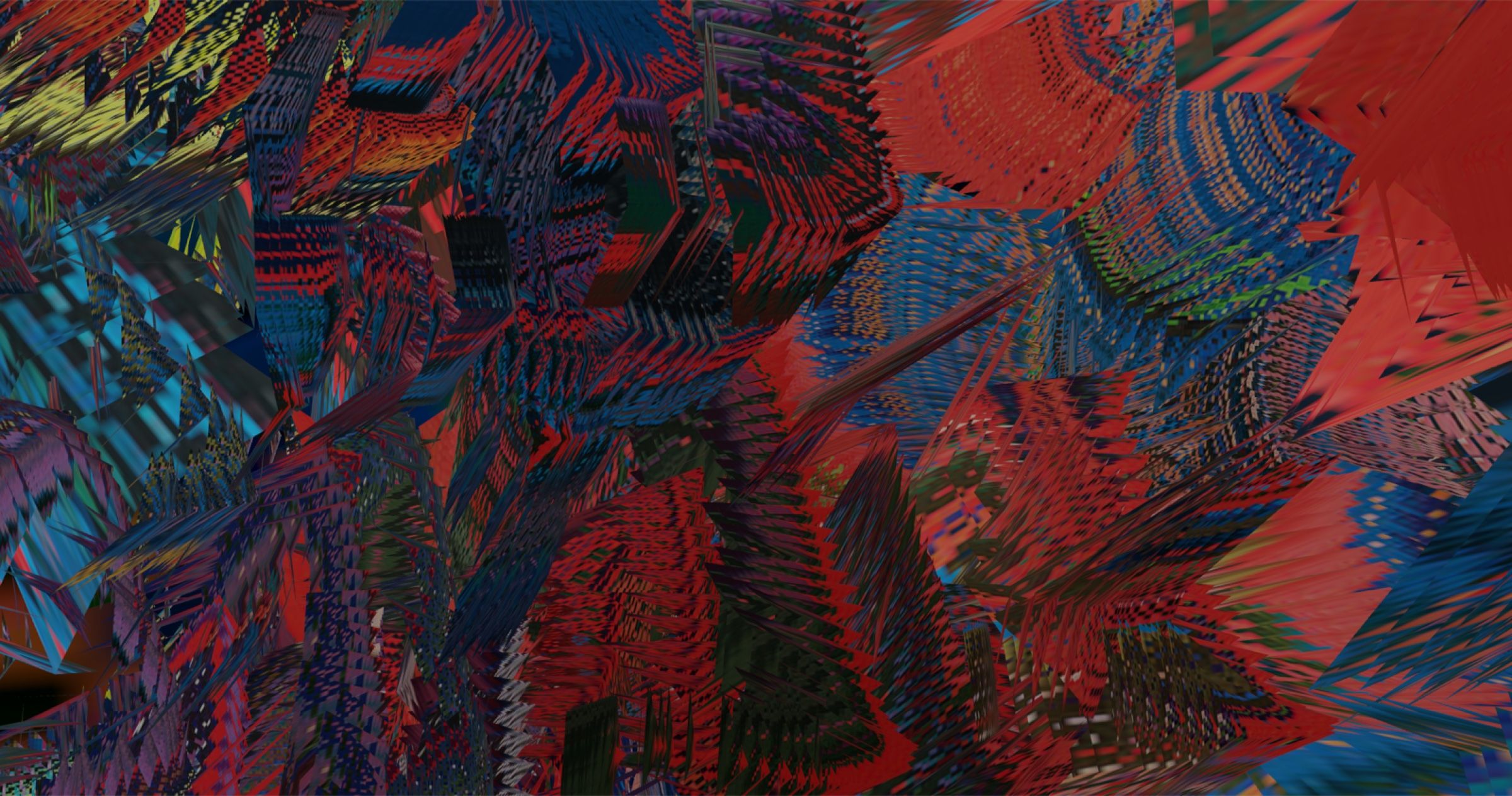 Layered red, blue and multicoloured generative forms filling a digital landscape.