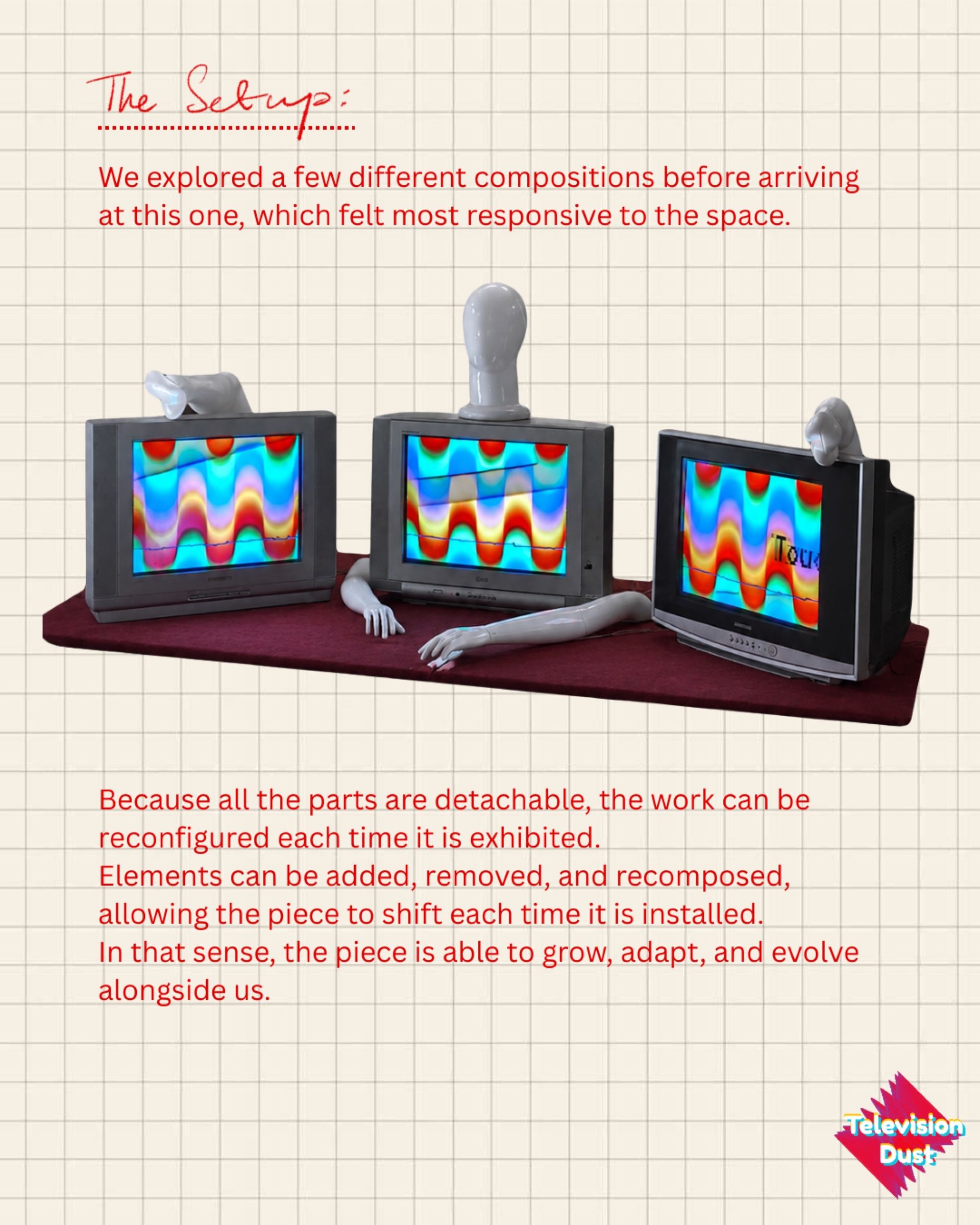 Three CRT televisions, mannequin limbs and colourful visuals arranged for the Have a Heart installation.