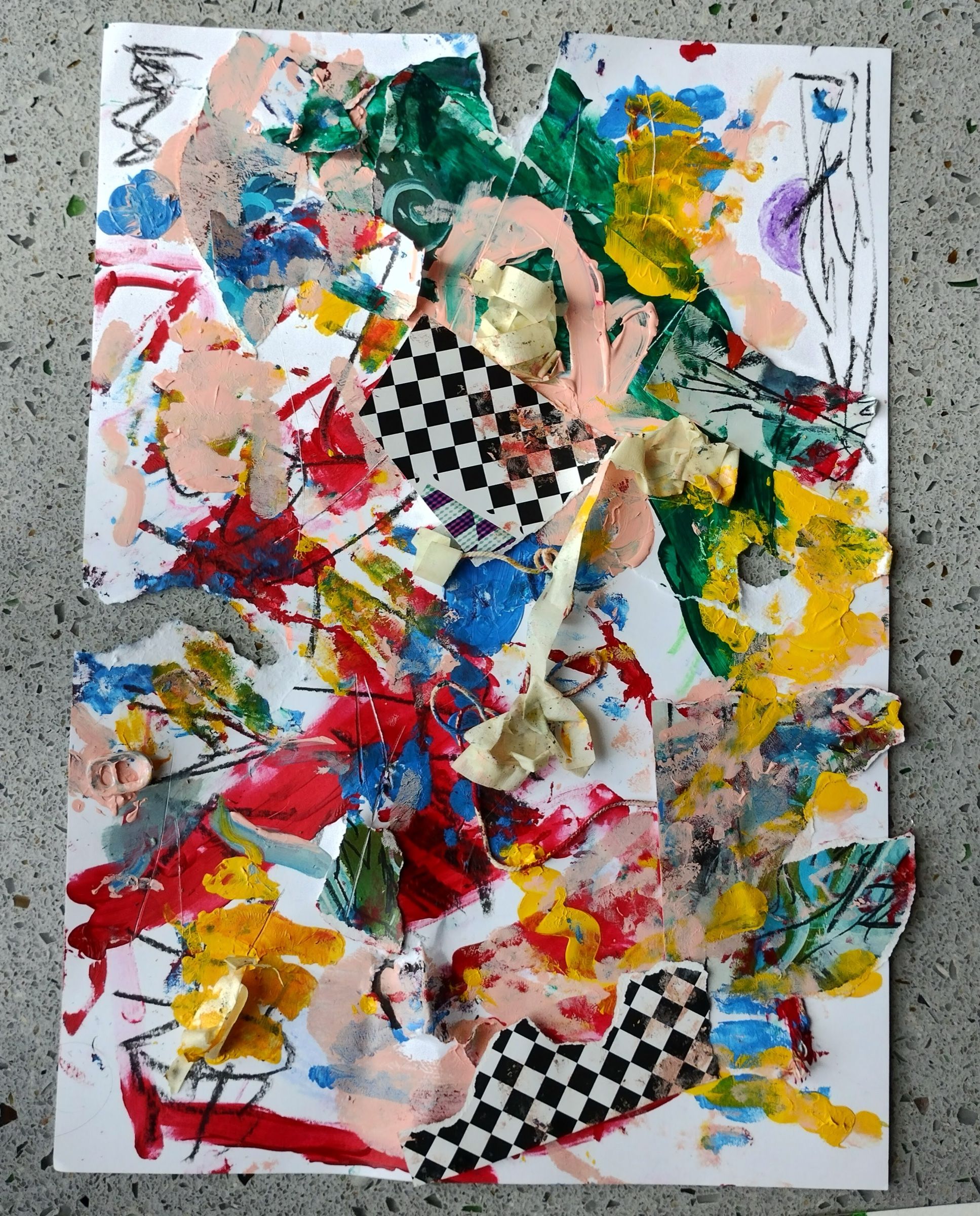 A densely layered collage of torn paper, tape and expressive red, yellow, green and blue paint.