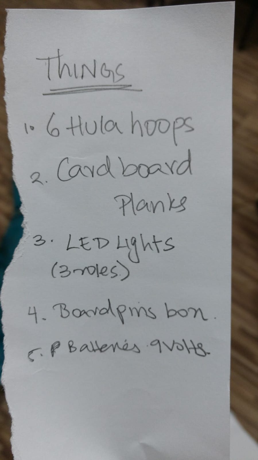 Handwritten material notes for building the fabric stage installation.