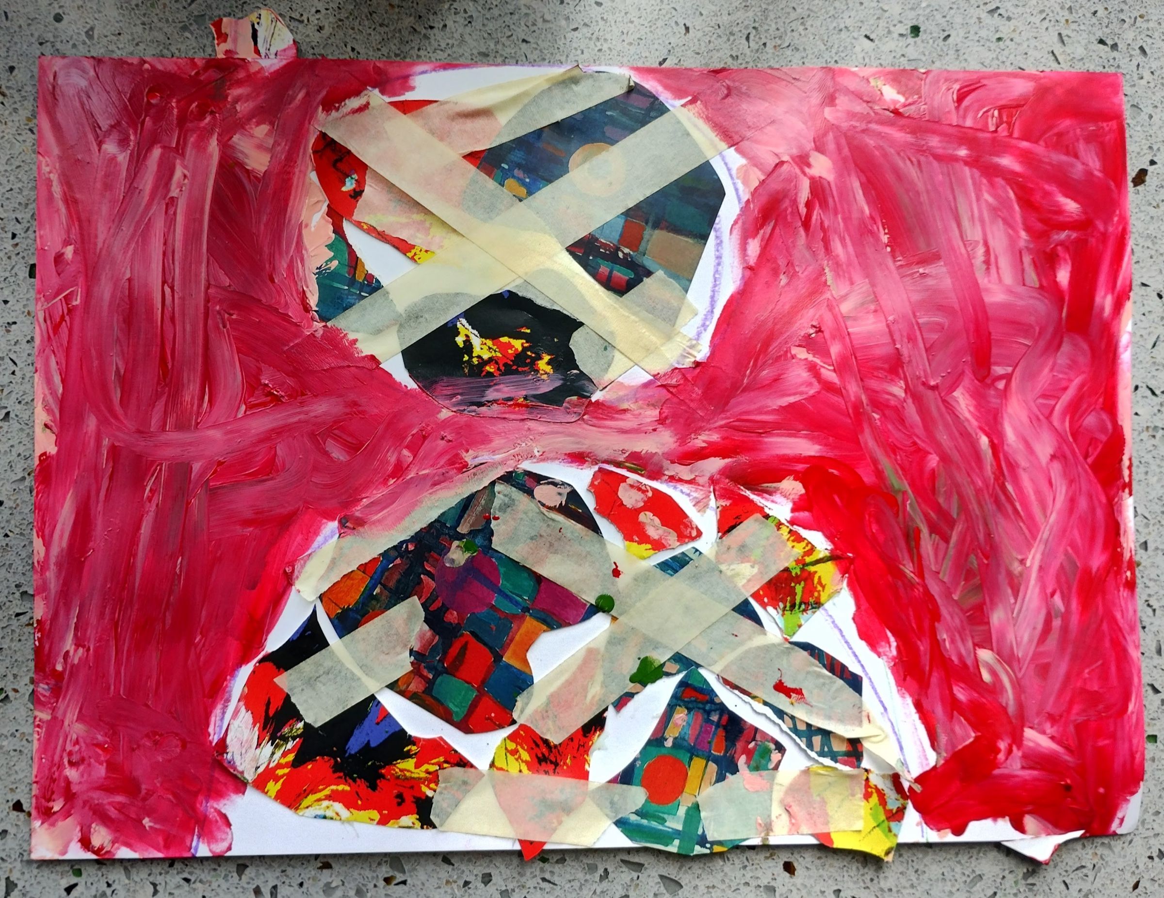 A layered purple, yellow and blue collage incorporating painted paper and a hand-drawn figure.