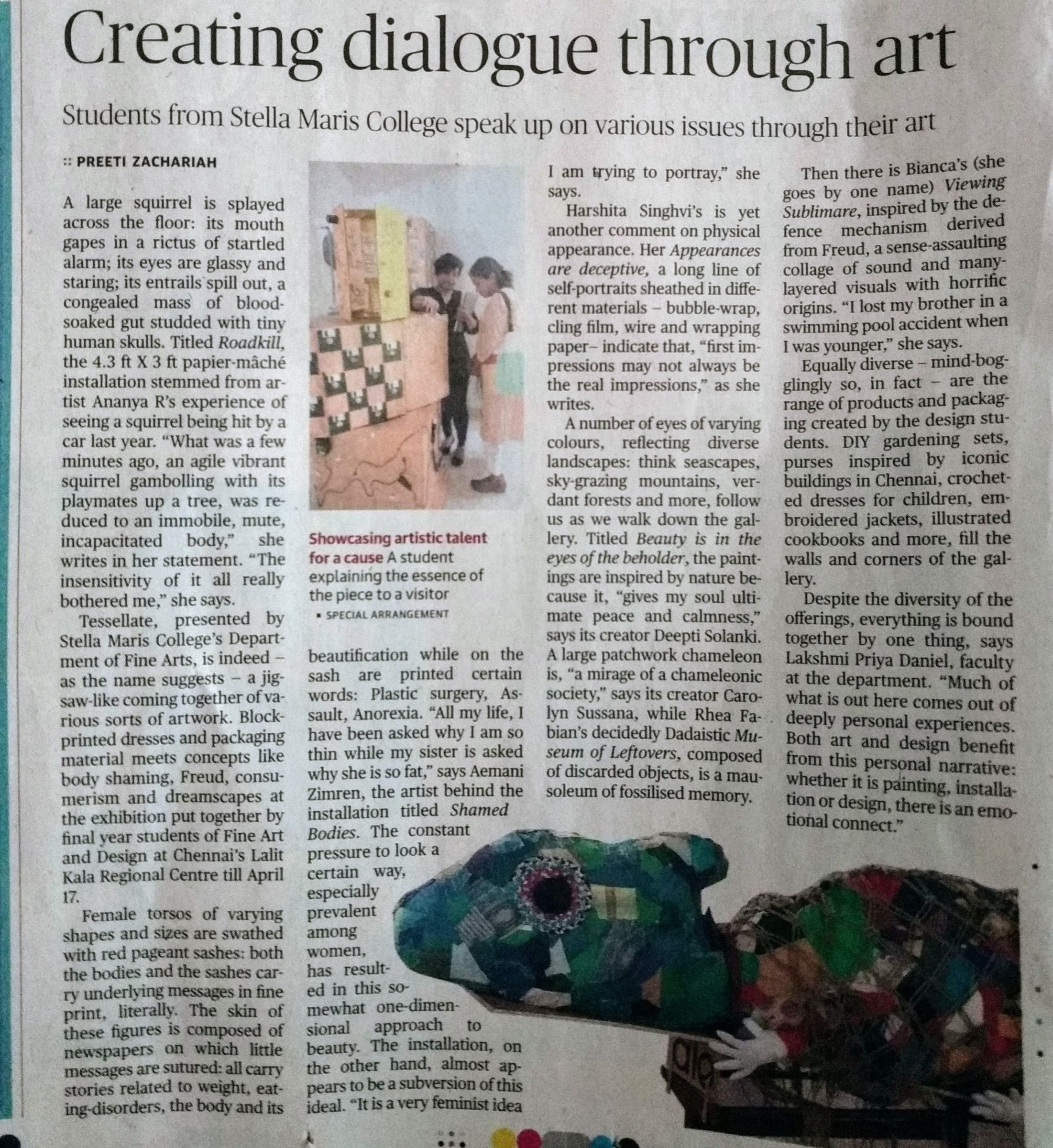 Newspaper coverage of Tesselate featuring Museum of Leftovers and other student works.