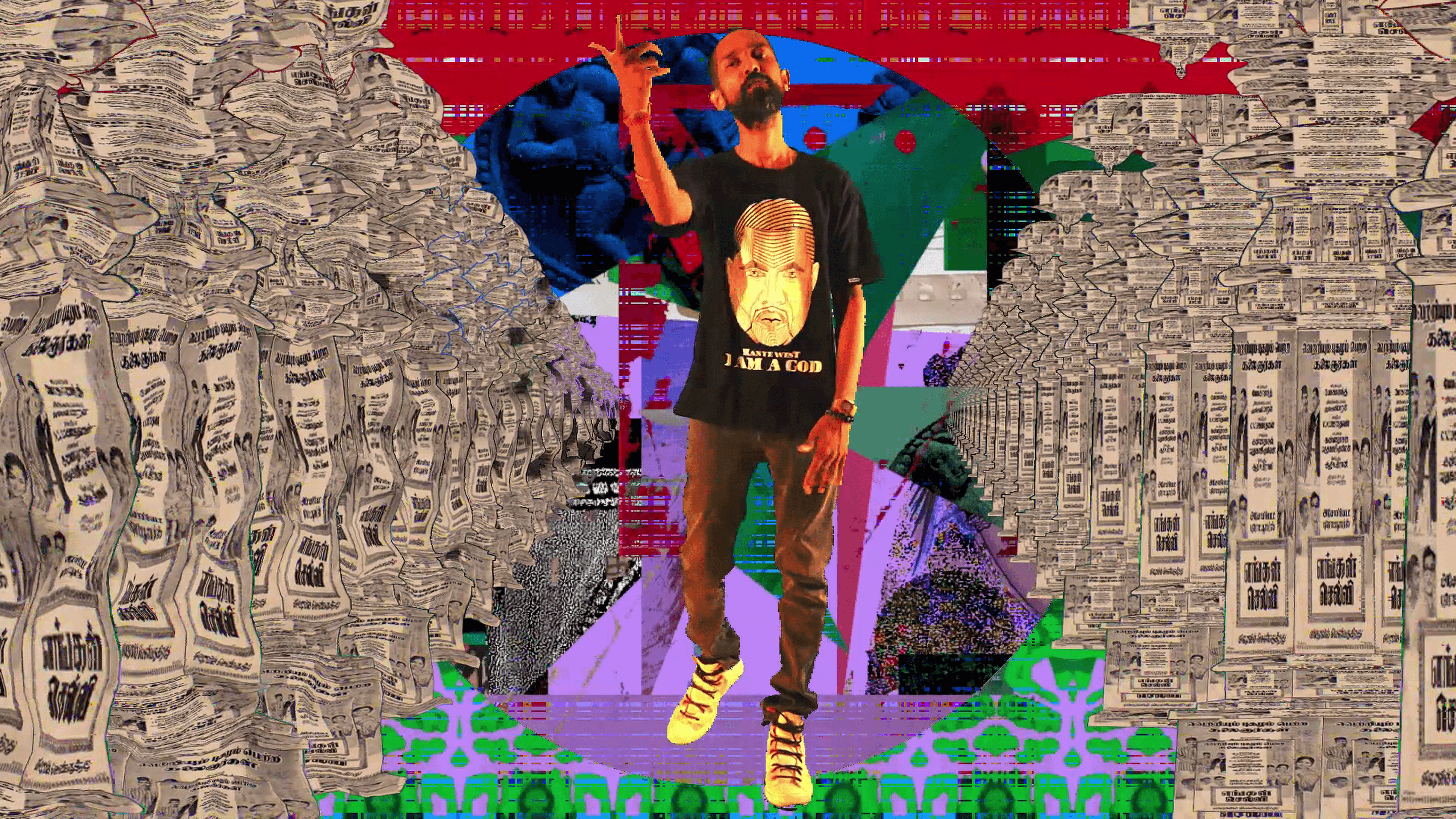 A developing collage composition combining image, colour and text fragments.