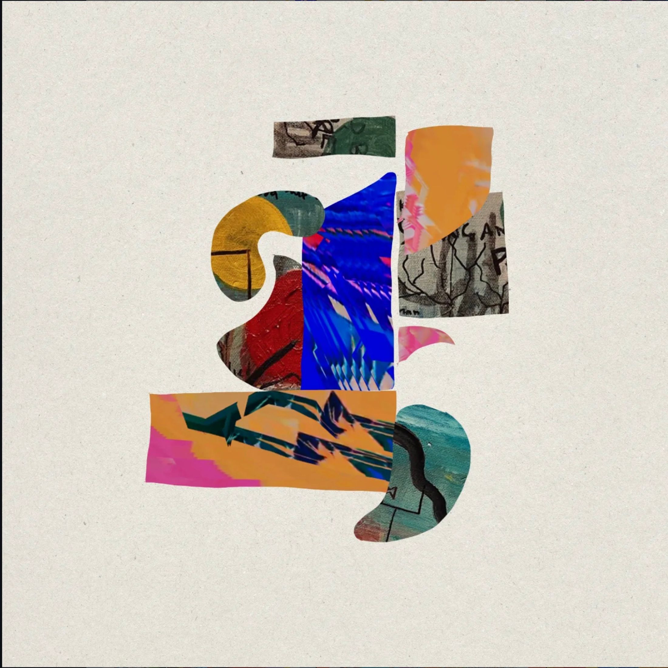 Blue, pink and ochre painted fragments form a sparse abstract structure in The Idea of Home.