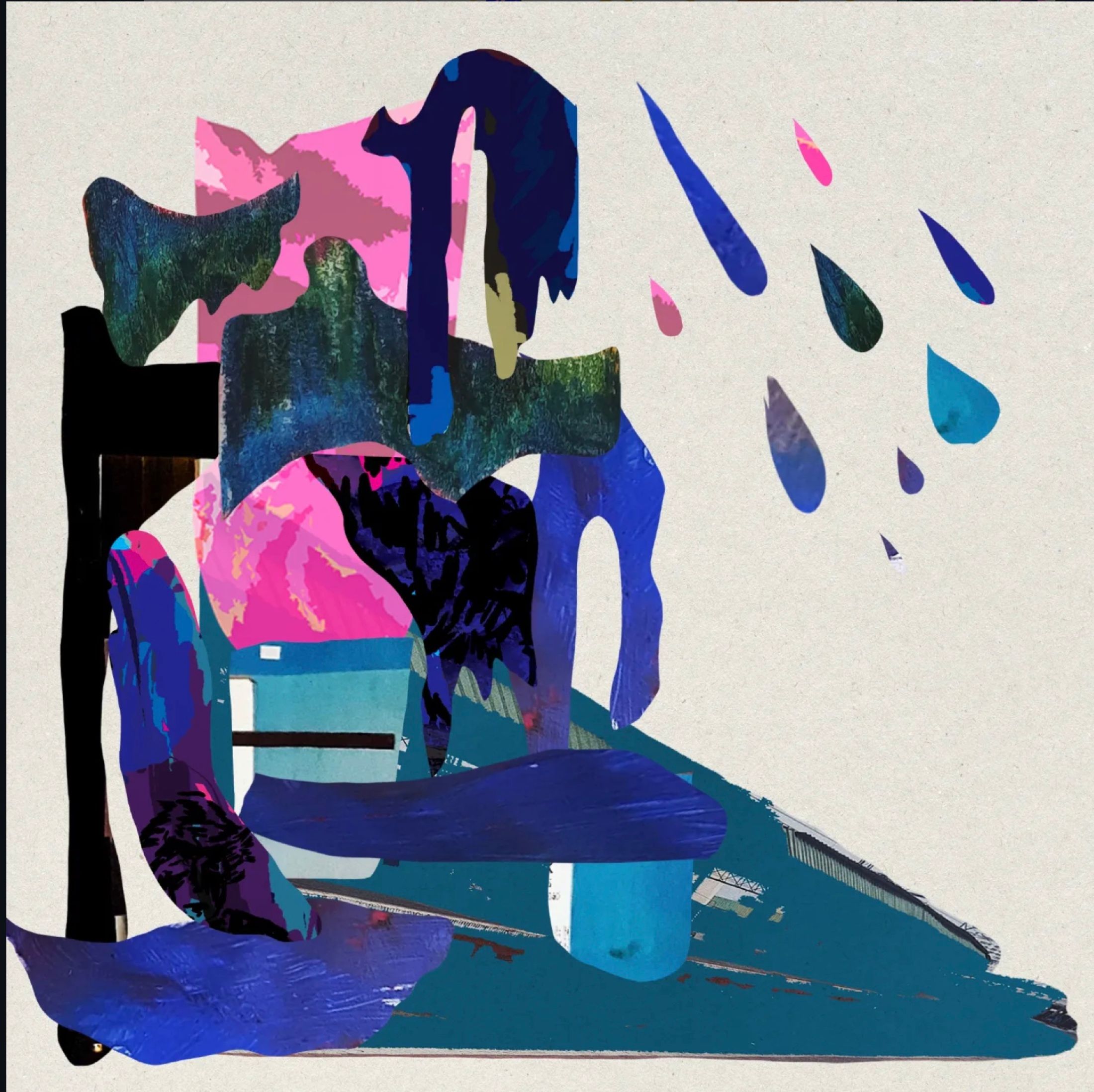 Layered blue, purple and pink cut-paper forms with scattered raindrops in The Lightness of Stormy Weather.