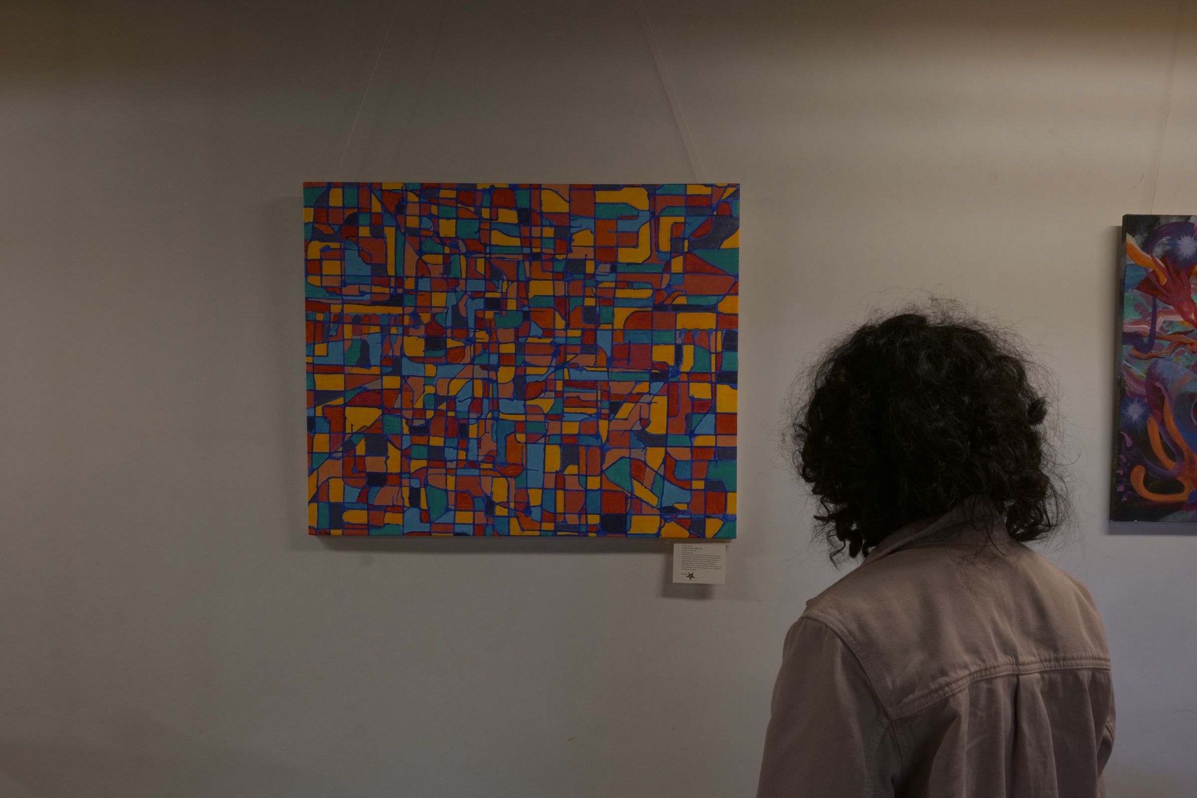 A visitor views a brightly coloured geometric painting in the Human Music exhibition.